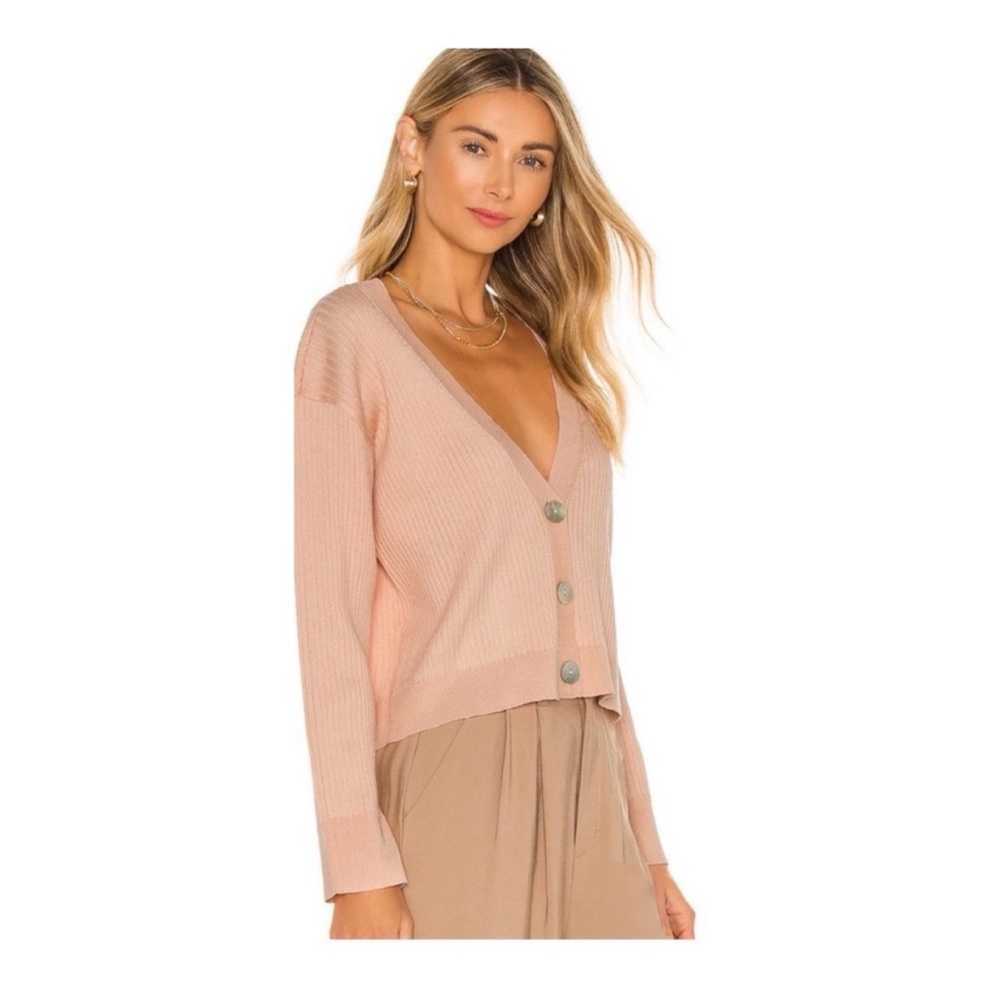 LPA Coral Peach Deep V-Neck Ribbed Cardigan from Revolve